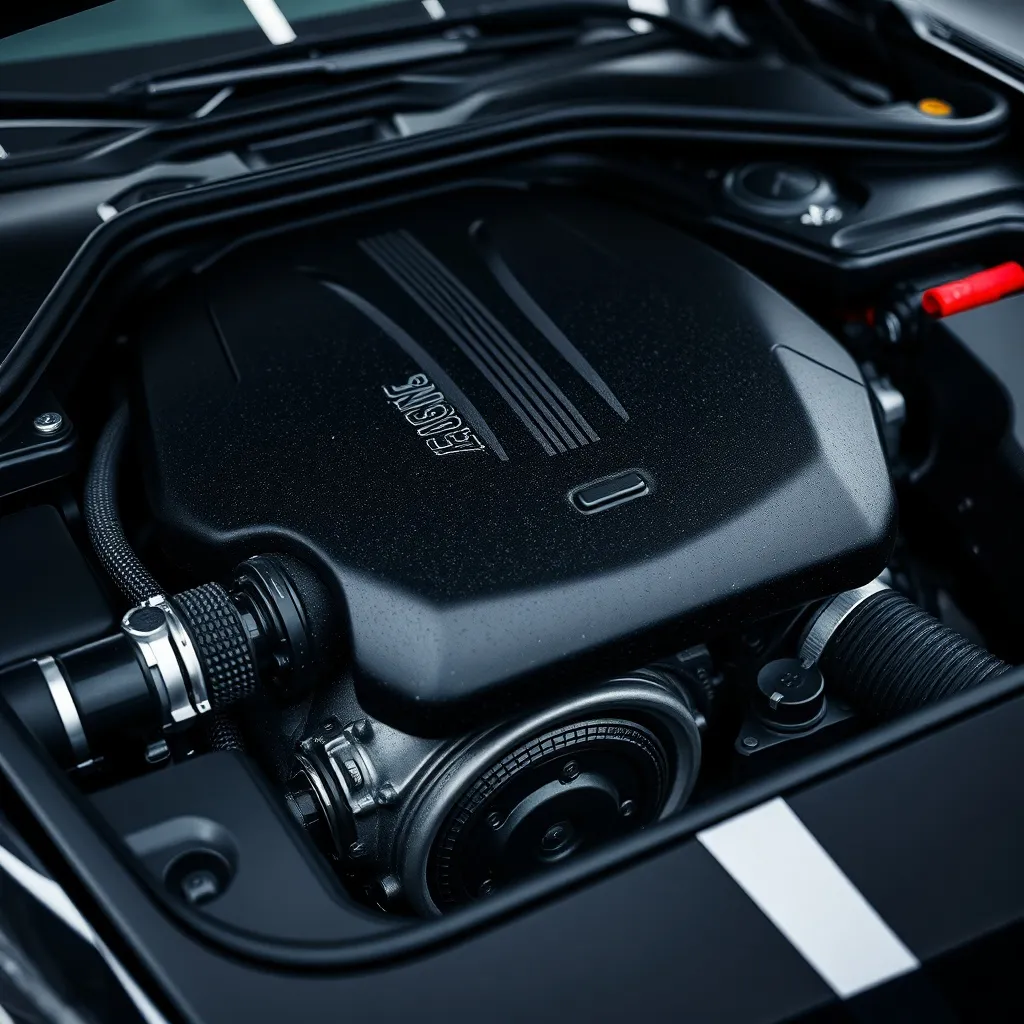 Close up of a clean luxury car engine, technical focus, high
