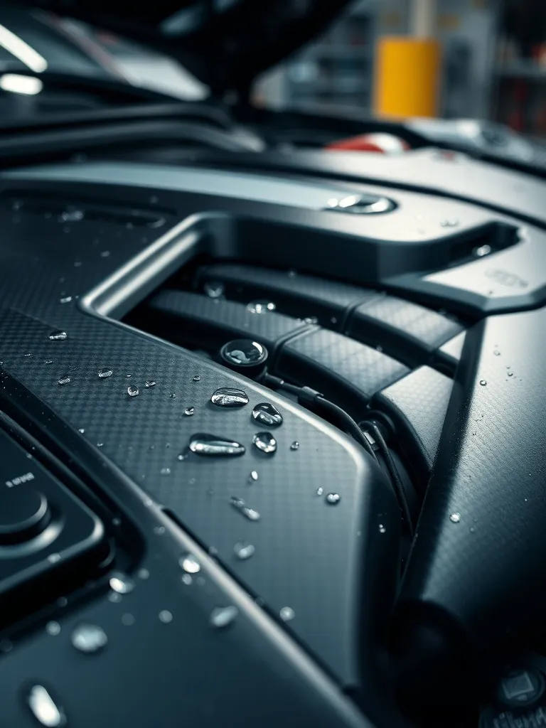 Close-up of a high-end car engine bay during professional de